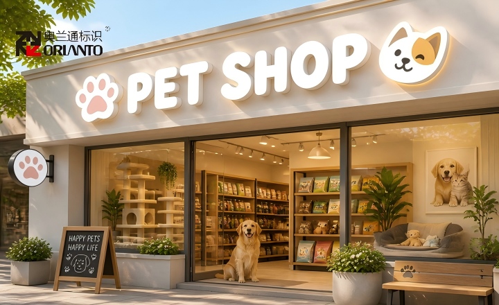 Pet shop facade sign with friendly warm light and welcoming glow to attract pet owners