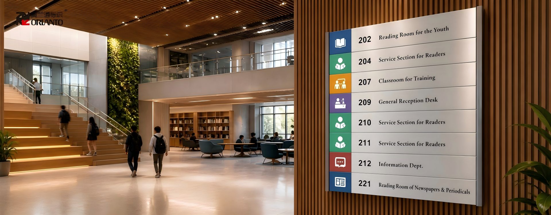 Modular signage wayfinding display showing floor directories and office room plates in a modern public building