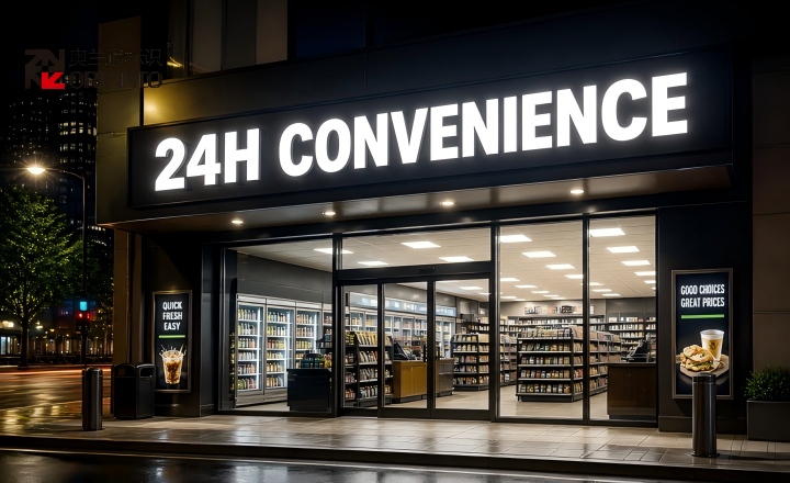 Convenience store outdoor sign with bright white high-contrast illumination for 24/7 visibility
