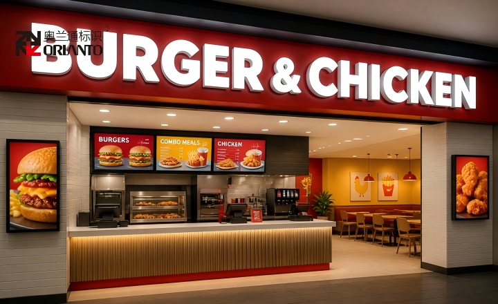 Fast food restaurant illuminated sign with cool white light ensuring long-distance recognition and appetite appeal