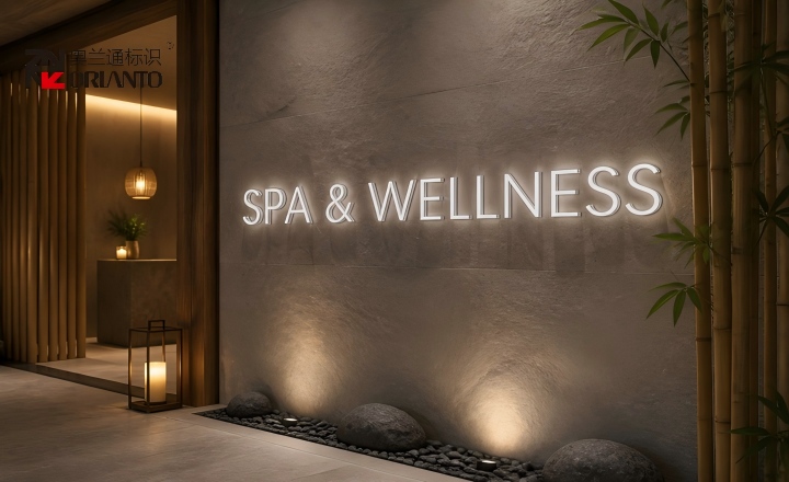 Beauty spa front sign with elegant warm light and refined surface finish conveying professionalism and tranquility