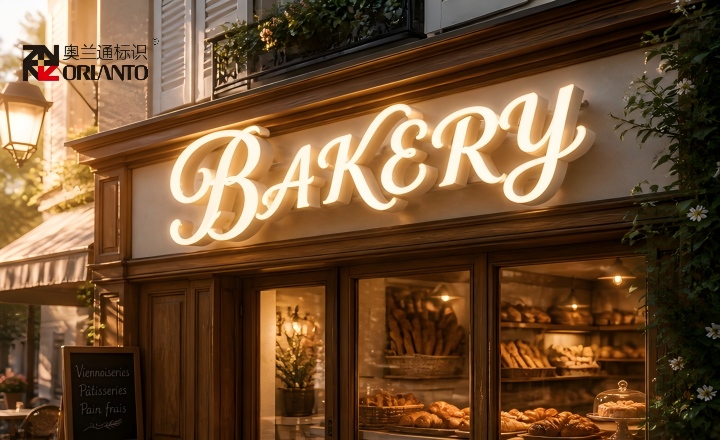 Bakery facade sign with warm white glow and soft illumination evoking freshness and artisanal quality